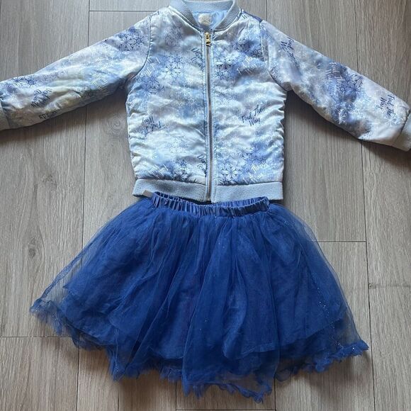 Disney Frozen Outfit Set Blue Coat Jacket + Tutu Skirt Silver Glitter 5-6T - Picture 2 of 13